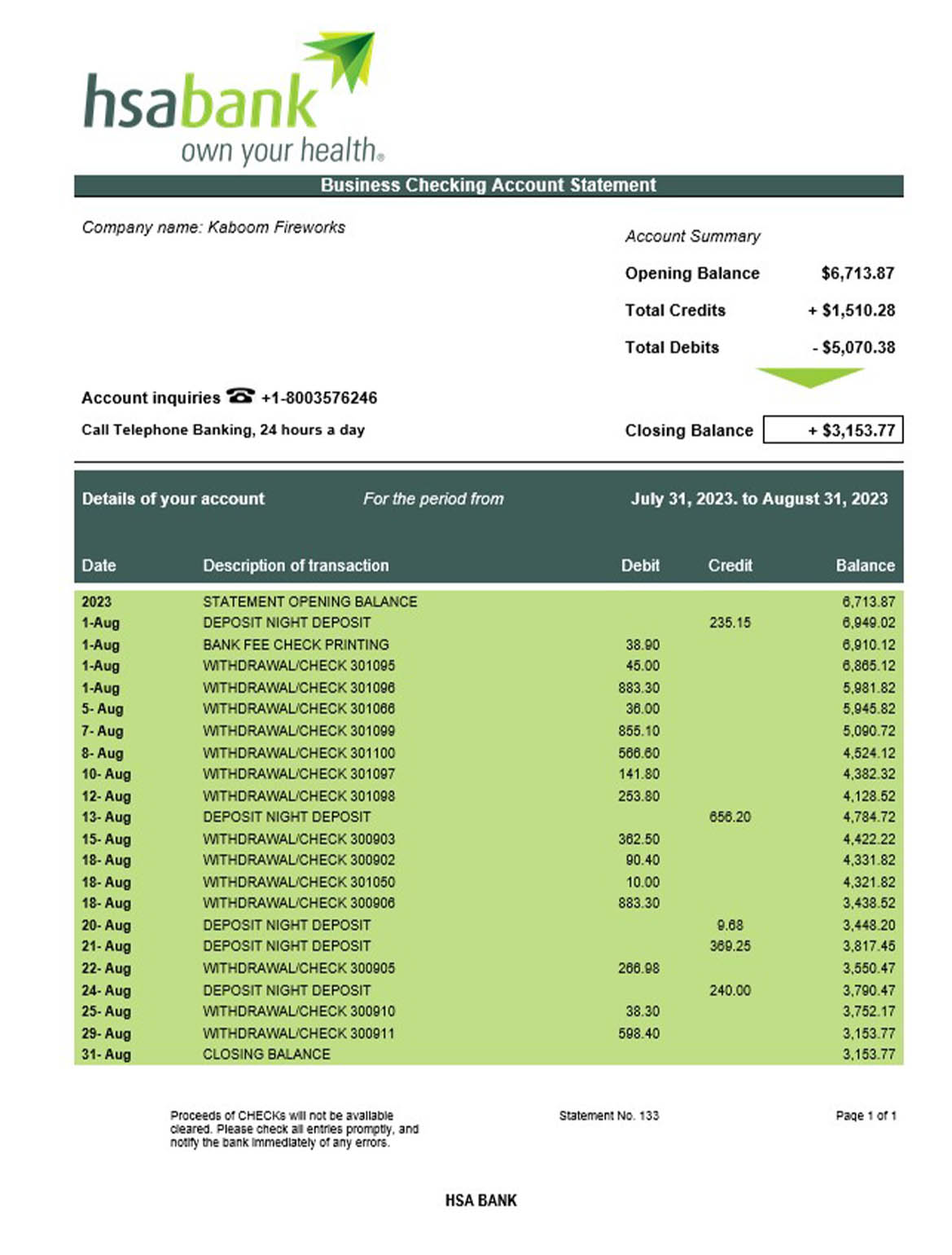HSA Bank enterprise account statement  